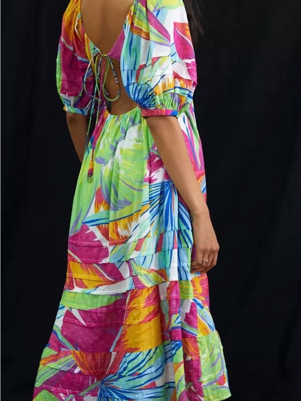 FARM Rio Pink, Lime, Blue & Yellow Puff Sleeve Midi Dress - Picture 2 of 7